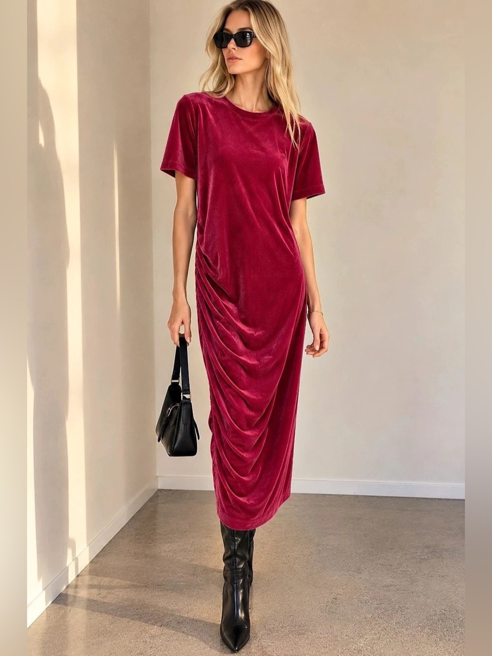 Zara Trafaluc Pink Velvet Ruched Midi T-Shirt Dress S
